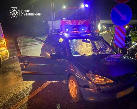 У Винниках авто Peugeot 206 врізалось в опору: постраждали жінка з дитиною